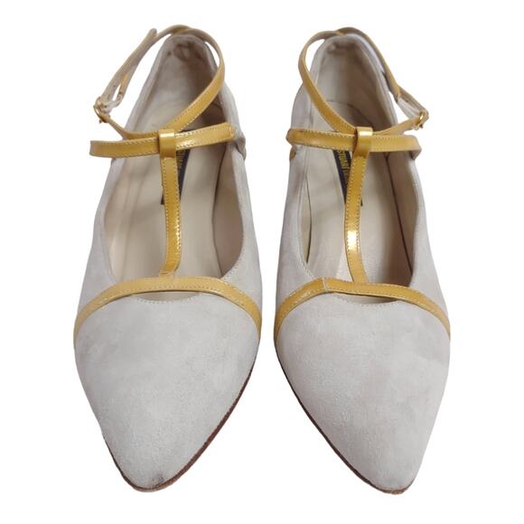 LARRY STUART Light Gray Suede Yellow Mary Jane Skinny Heels Sz 8.5 Sexy Strappy - Picture 2 of 10